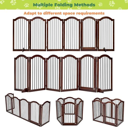 بوابة الكلاب برايم زون بعرض إضافي 144 بوصة - بوابات جرو خشبية قائمة بذاتها من خشب السنط الصلب بطول 91.44 سم مع باب، سياج داخلي قابل للطي للحيوانات الأليفة للمداخل والسلالم وأقدام الدعم متضمنة، بني in Kuwait