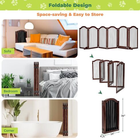 بوابة الكلاب برايم زون بعرض إضافي 144 بوصة - بوابات جرو خشبية قائمة بذاتها من خشب السنط الصلب بطول 91.44 سم مع باب، سياج داخلي قابل للطي للحيوانات الأليفة للمداخل والسلالم وأقدام الدعم متضمنة، بني in Kuwait