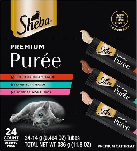 Sheba Premium Puree Cat Treats Lickable Roasted Chicken Flavor, Smoked Salmon Flavor, and Seared Tuna Flavor, 0.49 oz. Tubes, 24 Count in Saudi Arabia