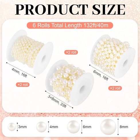 6 Rolls Pearl Garland String 132 Feet Faux Pearl Beads Strand 4mm 6mm 3+8mm Artificial Pearls Chain Trim for Wedding Party Decoration Home DIY Crafts in Saudi Arabia
