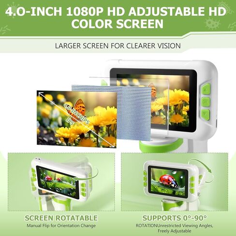 مجهر رقمي 1600X للأطفال، شاشة IPS 4 بوصة، مجهر 3 في 1 محمول وسطح المكتب مع بطاقة ذاكرة 32 جيجابايت، 6 مصابيح LED قابلة للتعديل، لعبة تعليمية للعلوم STEM للأعمار من 8 إلى 12 عامًا in Saudi Arabia