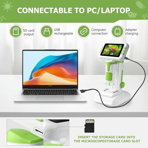 مجهر رقمي 1600X للأطفال، شاشة IPS 4 بوصة، مجهر 3 في 1 محمول وسطح المكتب مع بطاقة ذاكرة 32 جيجابايت، 6 مصابيح LED قابلة للتعديل، لعبة تعليمية للعلوم STEM للأعمار من 8 إلى 12 عامًا in Saudi Arabia