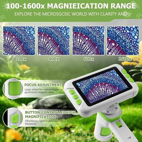 مجهر رقمي 1600X للأطفال، شاشة IPS 4 بوصة، مجهر 3 في 1 محمول وسطح المكتب مع بطاقة ذاكرة 32 جيجابايت، 6 مصابيح LED قابلة للتعديل، لعبة تعليمية للعلوم STEM للأعمار من 8 إلى 12 عامًا in Saudi Arabia
