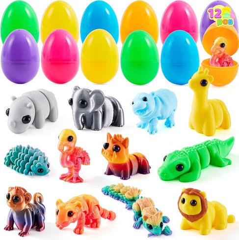 JOYIN 12 Pcs Prefilled Easter Eggs with 3D Printed Wild Animals, 3D Articulated Toys for Party Favors, Basket Stuffers, Goodie Bag Fillers, Classroom Prize Supplies, Party Games for Boys & Girls in Saudi Arabia