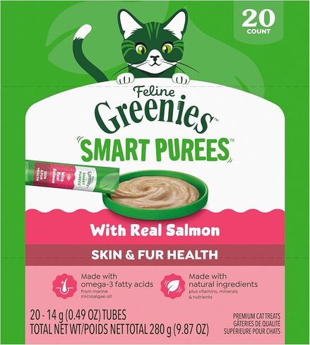 Greenies Feline Smart Purees مكافآت القطط الصحية للبشرة والفراء مع سمك السلمون الحقيقي، 0.49 أونصة. أنابيب، 20 عدد in Saudi Arabia