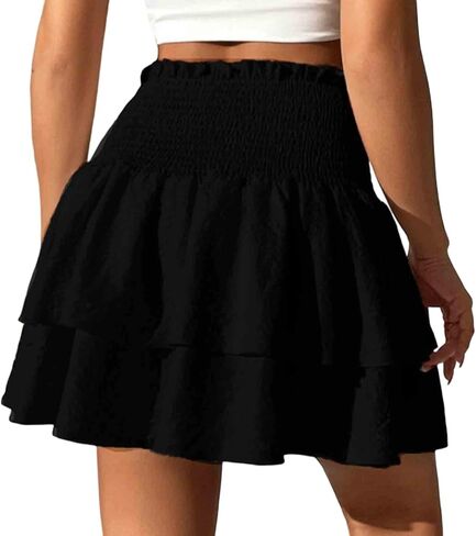 Women's Basic High Waist Ruffle Hem Short Skirt Tiered Layer Frill Boho Shirred Loose Casual Skirts in Saudi Arabia