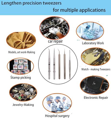 Tweezers, 5 Pcs Precision Tweezers Set, Anti-Static Stainless Steel Long Tweezers Kit for Electronics, Laboratory Work, Jewelry-Making, Craft, Soldering, Hobby, Watches, Car Machines Repair Etc in Saudi Arabia