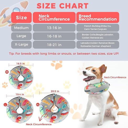 PAWCHIE بديل طوق مخروطي قابل للنفخ للكلاب، مخروط ناعم للكلاب المتوسطة والكبيرة بعد الجراحة، أطواق إلكترونية قابلة للتعديل لاستعادة الرقبة مع مطبوعات ديناصورات لطيفة، رمادي L in Kuwait