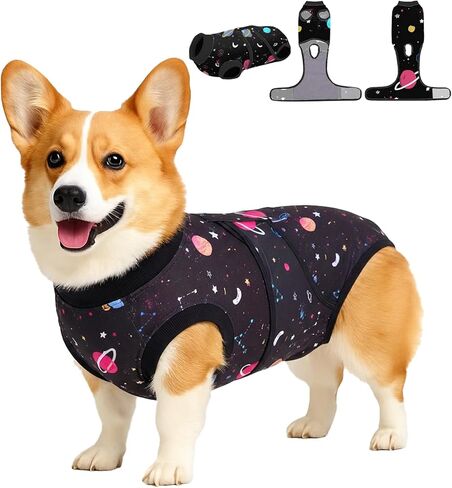 PetWarm Dog Onesie للجراحة النسائية، بدلة التعافي للكلاب الذكور، قميص احترافي لاستعادة الحيوانات الأليفة، ضمادات لجروح البطن للكلاب تمنع لعق قمصان الكلاب، نمط المجرة، أسود، M in Kuwait