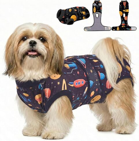 PetWarm Dog Onesie للجراحة النسائية، بدلة التعافي للكلاب الذكور، قميص احترافي لاستعادة الحيوانات الأليفة، ضمادات لجروح البطن للكلاب تمنع لعق قمصان الكلاب، نمط المجرة، أسود، M in Kuwait