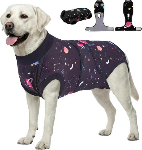 PetWarm Dog Onesie للجراحة النسائية، بدلة التعافي للكلاب الذكور، قميص احترافي لاستعادة الحيوانات الأليفة، ضمادات لجروح البطن للكلاب تمنع لعق قمصان الكلاب، نمط المجرة، أسود، M in Kuwait