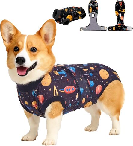 PetWarm Dog Onesie للجراحة النسائية، بدلة التعافي للكلاب الذكور، قميص احترافي لاستعادة الحيوانات الأليفة، ضمادات لجروح البطن للكلاب تمنع لعق قمصان الكلاب، نمط المجرة، أسود، M in Kuwait
