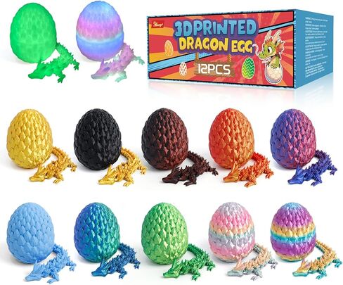 12 Pack 3D Printed Dragon Easter Basket Stuffers - Mini Gemstone Egg with Flexible Crystal Dragon Inside, Cute Fidget Toy, Christmas, Birthday Gift, Desk Pet Figure in Kuwait