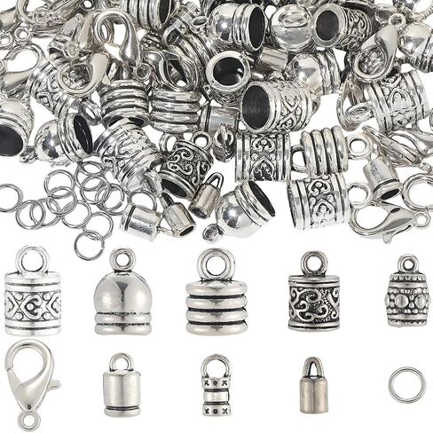 SUNNYCLUE 1 Box 230pcs Silver Cord End Kumihimo Bracelet Ends Antique Silver Alloy Metal Glue In Crimp Tassel Leather Cord String End Caps with Lobtser Clasp And Jump Ring for Jewelry Making Kit Craft in Saudi Arabia