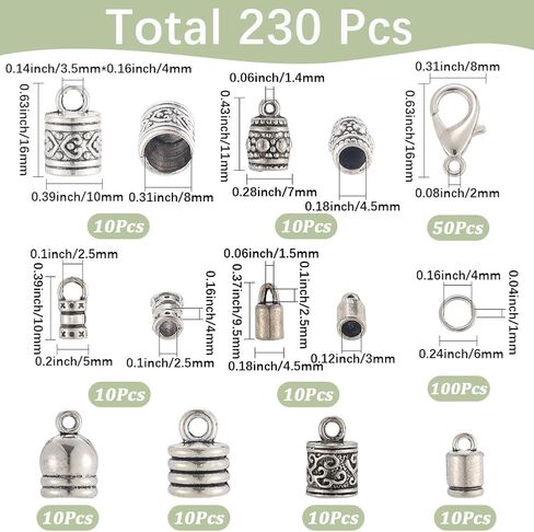 SUNNYCLUE 1 Box 230pcs Silver Cord End Kumihimo Bracelet Ends Antique Silver Alloy Metal Glue In Crimp Tassel Leather Cord String End Caps with Lobtser Clasp And Jump Ring for Jewelry Making Kit Craft in Saudi Arabia