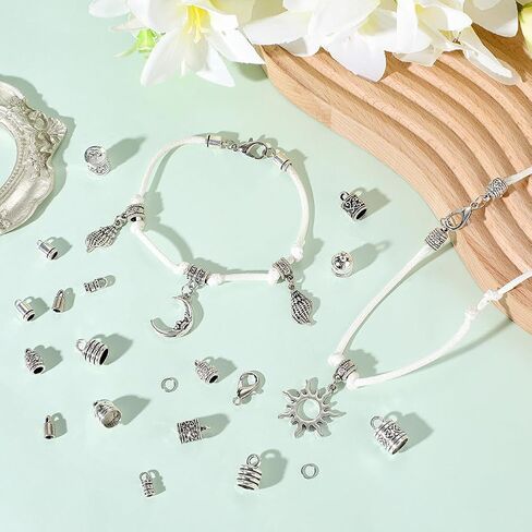 SUNNYCLUE 1 Box 230pcs Silver Cord End Kumihimo Bracelet Ends Antique Silver Alloy Metal Glue In Crimp Tassel Leather Cord String End Caps with Lobtser Clasp And Jump Ring for Jewelry Making Kit Craft in Saudi Arabia