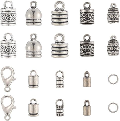 SUNNYCLUE 1 Box 230pcs Silver Cord End Kumihimo Bracelet Ends Antique Silver Alloy Metal Glue In Crimp Tassel Leather Cord String End Caps with Lobtser Clasp And Jump Ring for Jewelry Making Kit Craft in Saudi Arabia