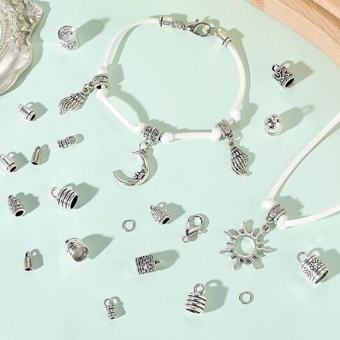 SUNNYCLUE 1 Box 230pcs Silver Cord End Kumihimo Bracelet Ends Antique Silver Alloy Metal Glue In Crimp Tassel Leather Cord String End Caps with Lobtser Clasp And Jump Ring for Jewelry Making Kit Craft in Saudi Arabia