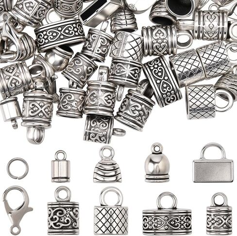 SUNNYCLUE 1 Box 230pcs Silver Cord End Kumihimo Bracelet Ends Antique Silver Alloy Metal Glue In Crimp Tassel Leather Cord String End Caps with Lobtser Clasp And Jump Ring for Jewelry Making Kit Craft in Saudi Arabia