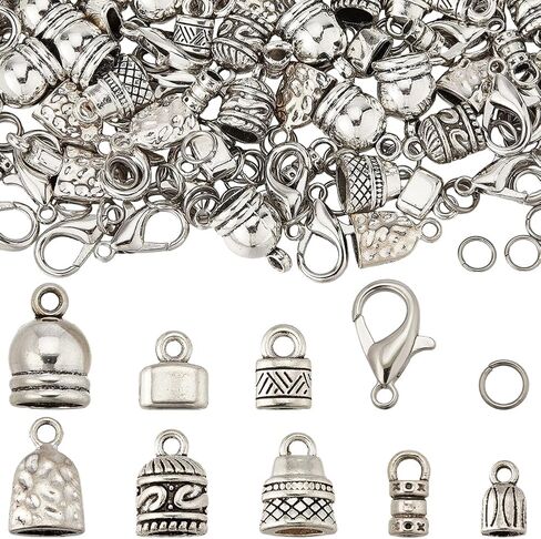 صندوق واحد من SUNNYCLUE 230 قطعة من سوار Kumihimo ذو نهاية سلك فضي عتيق من سبيكة معدنية فضية في أغطية نهاية سلسلة من الجلد بشرابة مجعدة مع مشبك Lobtser وحلقة قفز لصناعة المجوهرات in Kuwait