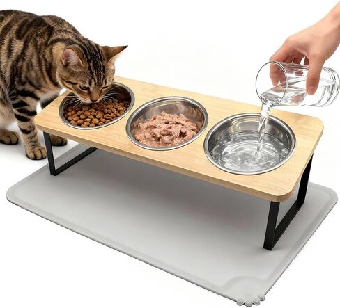 Elevated Cat Bowls with Silicone Mat – 3 Stainless Steel Bowls, 15° Tilted Bamboo Stand Feeding Station for Indoor Cats & Puppy, Anti Vomiting, Whisker Fatigue Relief & Healthy Digestion in Kuwait