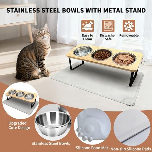 Elevated Cat Bowls with Silicone Mat – 3 Stainless Steel Bowls, 15° Tilted Bamboo Stand Feeding Station for Indoor Cats & Puppy, Anti Vomiting, Whisker Fatigue Relief & Healthy Digestion in Kuwait