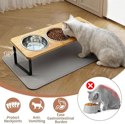 Elevated Cat Bowls with Silicone Mat – 3 Stainless Steel Bowls, 15° Tilted Bamboo Stand Feeding Station for Indoor Cats & Puppy, Anti Vomiting, Whisker Fatigue Relief & Healthy Digestion in Kuwait