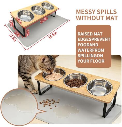 Elevated Cat Bowls with Silicone Mat – 3 Stainless Steel Bowls, 15° Tilted Bamboo Stand Feeding Station for Indoor Cats & Puppy, Anti Vomiting, Whisker Fatigue Relief & Healthy Digestion in Kuwait
