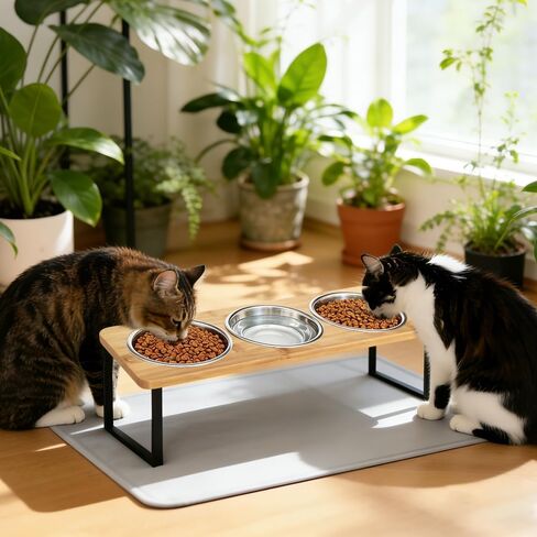 Elevated Cat Bowls with Silicone Mat – 3 Stainless Steel Bowls, 15° Tilted Bamboo Stand Feeding Station for Indoor Cats & Puppy, Anti Vomiting, Whisker Fatigue Relief & Healthy Digestion in Kuwait