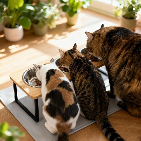 Elevated Cat Bowls with Silicone Mat – 3 Stainless Steel Bowls, 15° Tilted Bamboo Stand Feeding Station for Indoor Cats & Puppy, Anti Vomiting, Whisker Fatigue Relief & Healthy Digestion in Kuwait