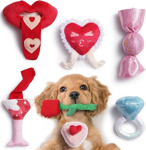Nocciola Dog Valentines Toys, 4 PCS Squeaky Crinkle Plush Dog Toy Set with Rose, Heart, Lips and Wine Glass, Treat Hiding Interactive Gift for Small Medium Large Dogs in Saudi Arabia