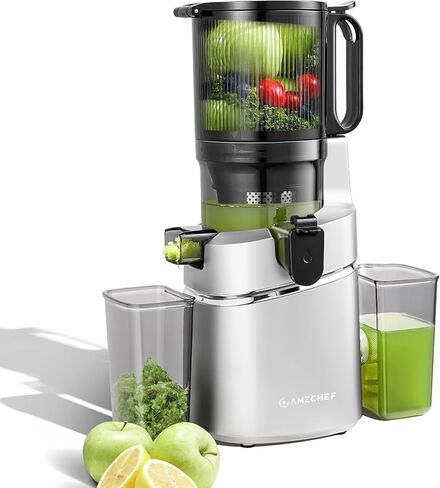 AMZCHEF Cold Press Juicer with 5.8" Large Feed Chute, Slow Masticating Juicer for Whole Fruits & Vegetables, 3-Layer Strainer, Copper Motor, High Juice Yield, Easy to Clean, Silver in Kuwait
