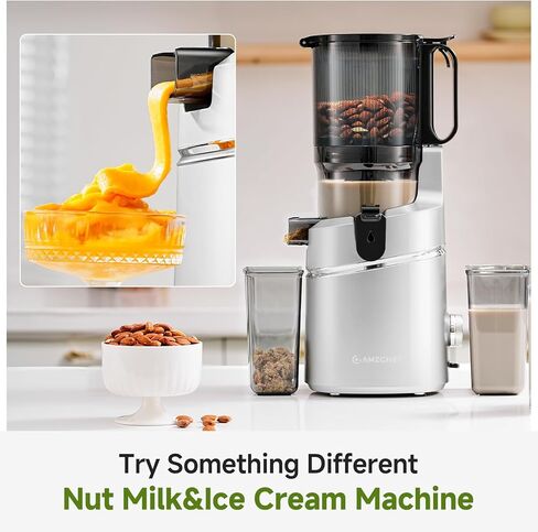 AMZCHEF Cold Press Juicer with 5.8" Large Feed Chute, Slow Masticating Juicer for Whole Fruits & Vegetables, 3-Layer Strainer, Copper Motor, High Juice Yield, Easy to Clean, Silver in Kuwait