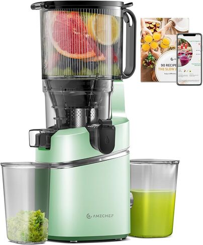AMZCHEF Cold Press Juicer with 5.8" Large Feed Chute, Slow Masticating Juicer for Whole Fruits & Vegetables, 3-Layer Strainer, Copper Motor, High Juice Yield, Easy to Clean, Silver in Kuwait