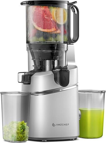 AMZCHEF Cold Press Juicer with 5.8" Large Feed Chute, Slow Masticating Juicer for Whole Fruits & Vegetables, 3-Layer Strainer, Copper Motor, High Juice Yield, Easy to Clean, Silver in Kuwait