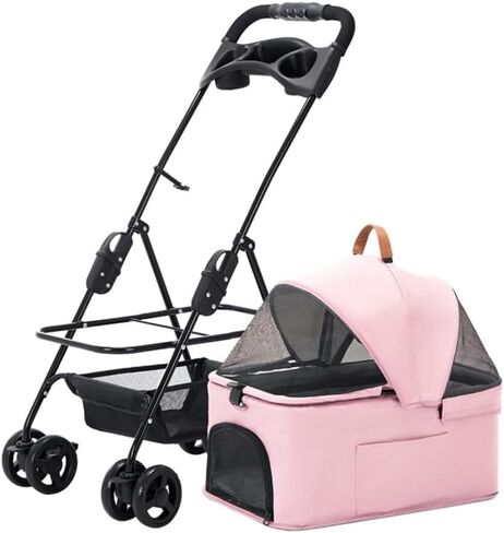 عربات الحيوانات الأليفة، عربة الحيوانات الأليفة الصغيرة للكلاب والقطط، حزام قابل للفصل، عربة أطفال بأربع عجلات، عربة حيوانات أليفة خارجية، عربة حيوانات أليفة متوسطة (وردي، صغير) in Kuwait