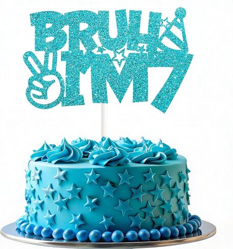 Blue Glitter Bruh I'm 7 Cake Topper Happy 7th Birthday Cake Pick Bro I'm 7 Cake Decoration for Cheers to 7 Years Old Birthday Decorations Party Supplies for Boys in Saudi Arabia