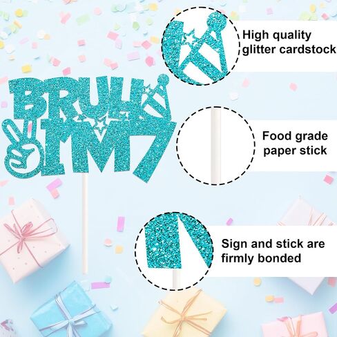 Blue Glitter Bruh I'm 7 Cake Topper Happy 7th Birthday Cake Pick Bro I'm 7 Cake Decoration for Cheers to 7 Years Old Birthday Decorations Party Supplies for Boys in Saudi Arabia