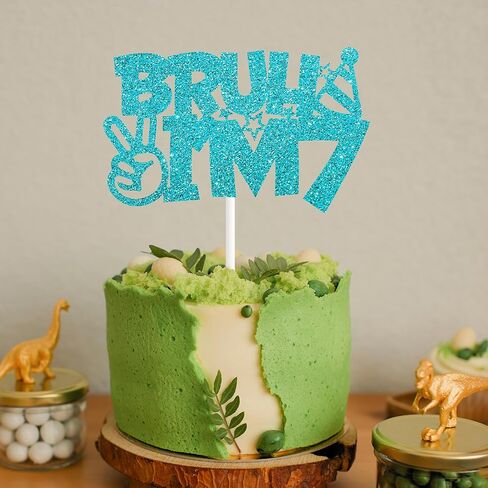 Blue Glitter Bruh I'm 7 Cake Topper Happy 7th Birthday Cake Pick Bro I'm 7 Cake Decoration for Cheers to 7 Years Old Birthday Decorations Party Supplies for Boys in Saudi Arabia