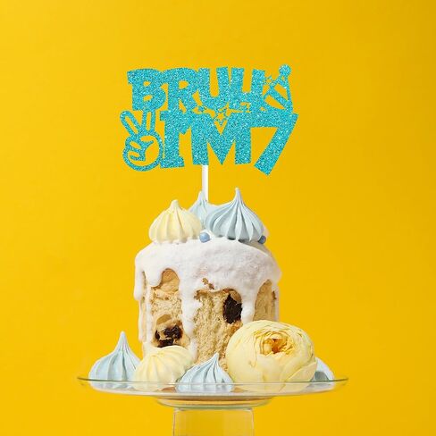 Blue Glitter Bruh I'm 7 Cake Topper Happy 7th Birthday Cake Pick Bro I'm 7 Cake Decoration for Cheers to 7 Years Old Birthday Decorations Party Supplies for Boys in Saudi Arabia