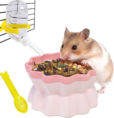 Ceramic Hamster Food Bowl Elevated Hamster Bowl Non-Tip Rat Feeding Dish with Water Bottle for Dwarf Gerbil Mouse Mice Sugar Glider (Pink) in Saudi Arabia