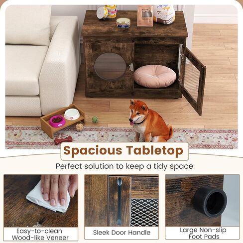 PETSITE 32.5 بوصة أثاث قفص خشبي للكلاب، قفص بيت الكلب الداخلي الصناعي المزخرف مع نافذة شفافة، وباب قابل للقفل، طاولة نهاية بيت الحيوانات الأليفة مثالية للكلاب الصغيرة والمتوسطة in Kuwait
