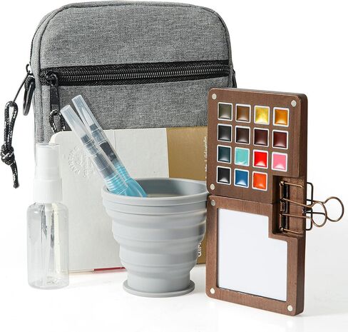 Mini Paint Palette Travel Kit - 15-Colors Pocket Artist Water Color Travel Set with Crossbody Bag, Watercolor Journal, Metal Clip, Paint Water Cup, Water Brush, Wooden Paint Box for Painters Artists in Saudi Arabia