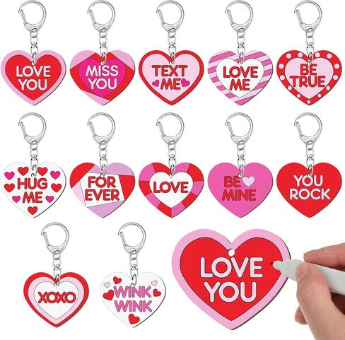 24 Pcs Valentine Craft Conversation Keychains Gift Heart Color Your Own Keychains Bulk DIY Blank Unfinished Accent Love Wooden Craft for Valentine's Day Classroom Party, 12 Styles in Saudi Arabia