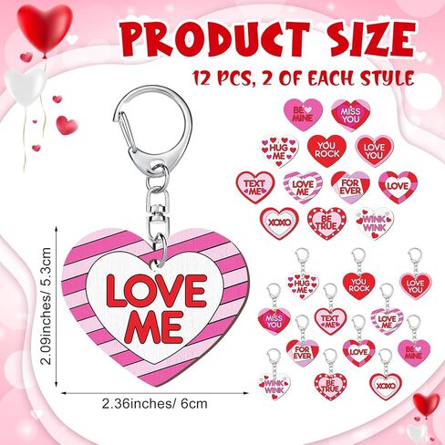 24 Pcs Valentine Craft Conversation Keychains Gift Heart Color Your Own Keychains Bulk DIY Blank Unfinished Accent Love Wooden Craft for Valentine's Day Classroom Party, 12 Styles in Saudi Arabia
