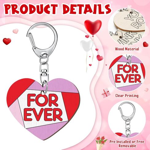 24 Pcs Valentine Craft Conversation Keychains Gift Heart Color Your Own Keychains Bulk DIY Blank Unfinished Accent Love Wooden Craft for Valentine's Day Classroom Party, 12 Styles in Saudi Arabia