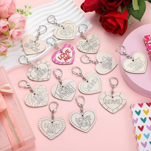 24 Pcs Valentine Craft Conversation Keychains Gift Heart Color Your Own Keychains Bulk DIY Blank Unfinished Accent Love Wooden Craft for Valentine's Day Classroom Party, 12 Styles in Saudi Arabia