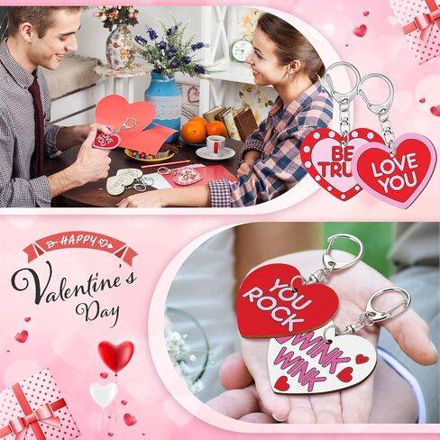 24 Pcs Valentine Craft Conversation Keychains Gift Heart Color Your Own Keychains Bulk DIY Blank Unfinished Accent Love Wooden Craft for Valentine's Day Classroom Party, 12 Styles in Saudi Arabia