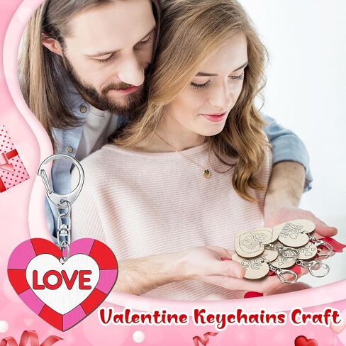24 Pcs Valentine Craft Conversation Keychains Gift Heart Color Your Own Keychains Bulk DIY Blank Unfinished Accent Love Wooden Craft for Valentine's Day Classroom Party, 12 Styles in Saudi Arabia