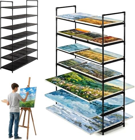 رف تجفيف فني للفصل الدراسي، كبير وخفيف الوزن 7 طبقات مع رف قابل للإزالة، حامل تخزين قماشي فني لرف التجفيف، مقاسات 32.28 بوصة عمق × 10.63 بوصة عرض × 45.67 بوصة ارتفاع، أسود in Kuwait